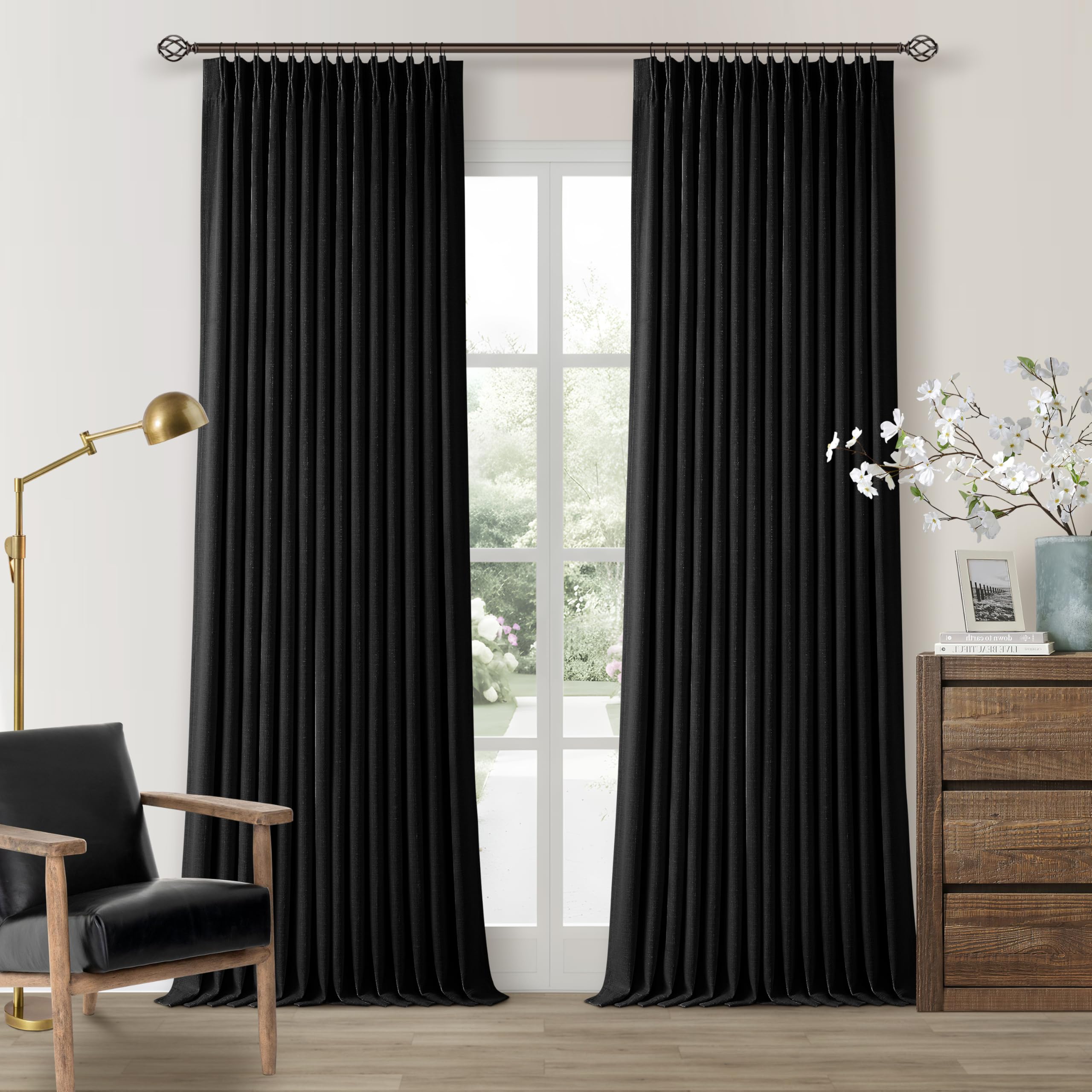 100 Inch Floor Length Linen Blackout Curtains for Bedroom Pinch Pleated Full Black Out Thermal Insulated Window Drapes Light Blocking Double Layer Soundproof 100 Inch Black Curtain 2 Panels Set โ image 1