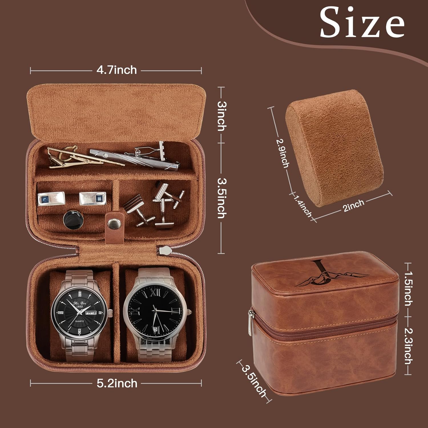 Watch Cases for Men with Initials, Personalized Mens Watch Box for 2 Watches, Mens Travel Jewelry Box, Portable Tough Leather Protection with Zipper, Fits Wristwatches & Smart Watches Up to 55mm (E)