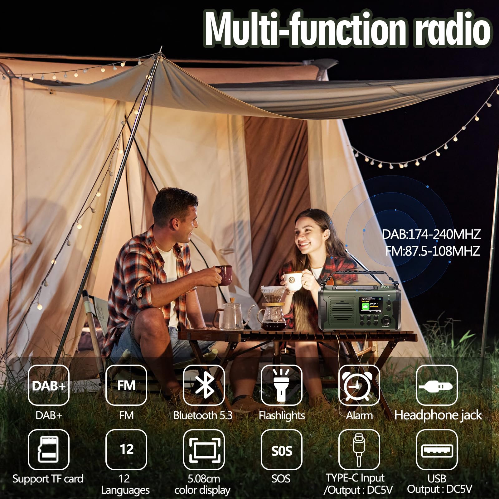 20000mAh Dab/Dab+/FM Radio Portatil Solar,Bluetooth 5.3 Radio con Manivela, 3 Métodos de Carga, Radio Emergencia 11 en 1 con Batería Externa, SOS, Linterna, Brújula,Tarjeta TF y luz de Lectura
