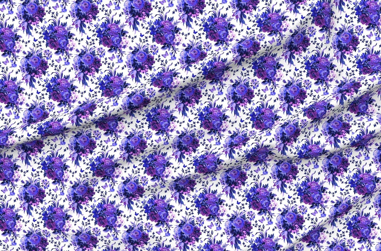 Spoonflower Fabric - Blue White Purple Lilac Floral Flowers Roses Dark Wedding Printed on Organic Cotton Sateen Fabric by The Yard - Sewing Quilting Apparel Home Decor