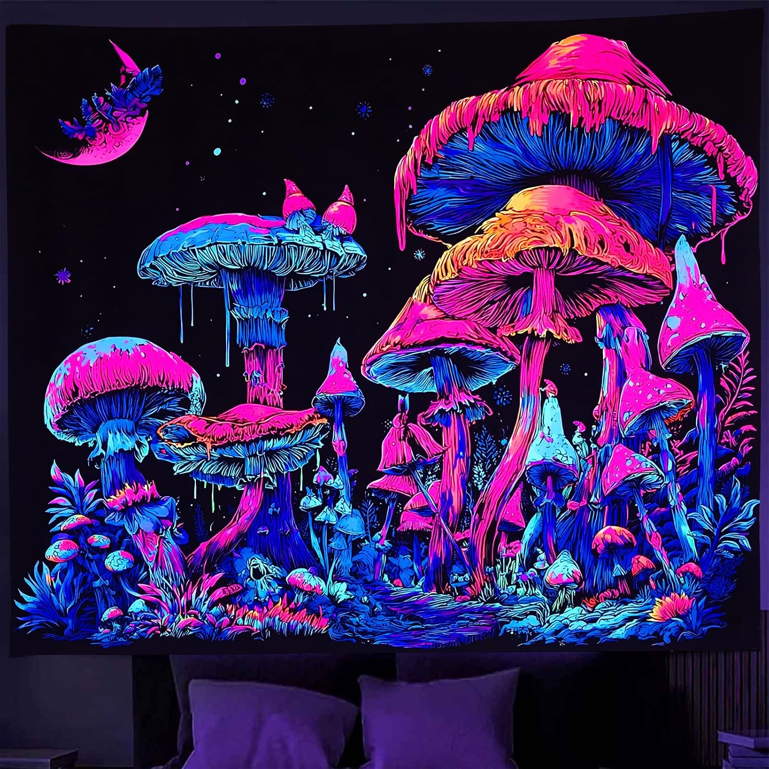 Algasan Blacklight Mushroom Tapestry Glow In The Dark Forest Starry Night Tapestry UV Reactive Magical Fantasy Moon Plant Tapestries Wall Hanging for Bedroom 47×35 Inches