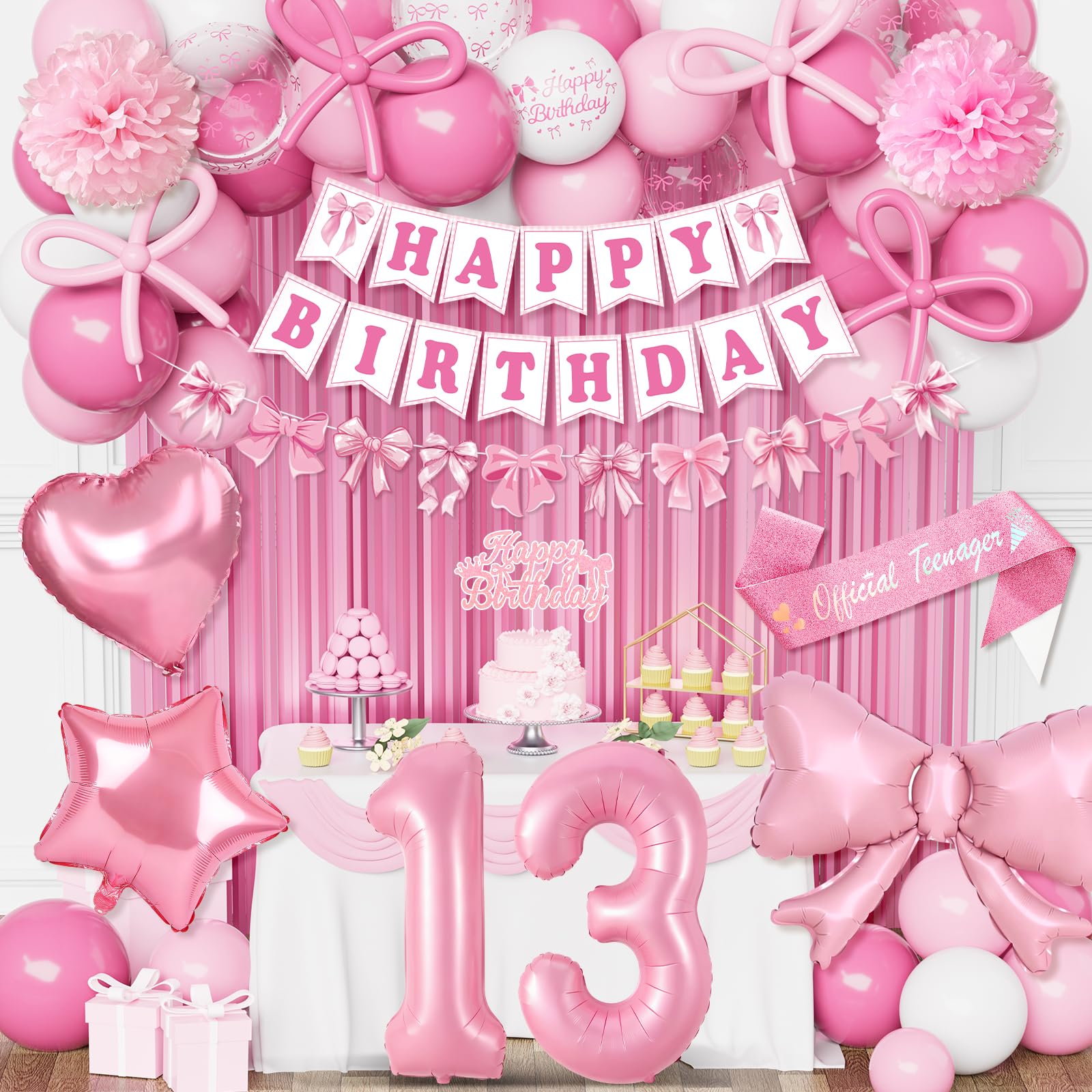 13th Birthday Decorations Girls, Pink Bow Party Decorations Set, Happy Birthday Banner Bunting, Bow Pink White Balloons, Number 13 Heart Star Foilballoon, Foil Curtain, Sash, Bow Party Deco 13th Girls