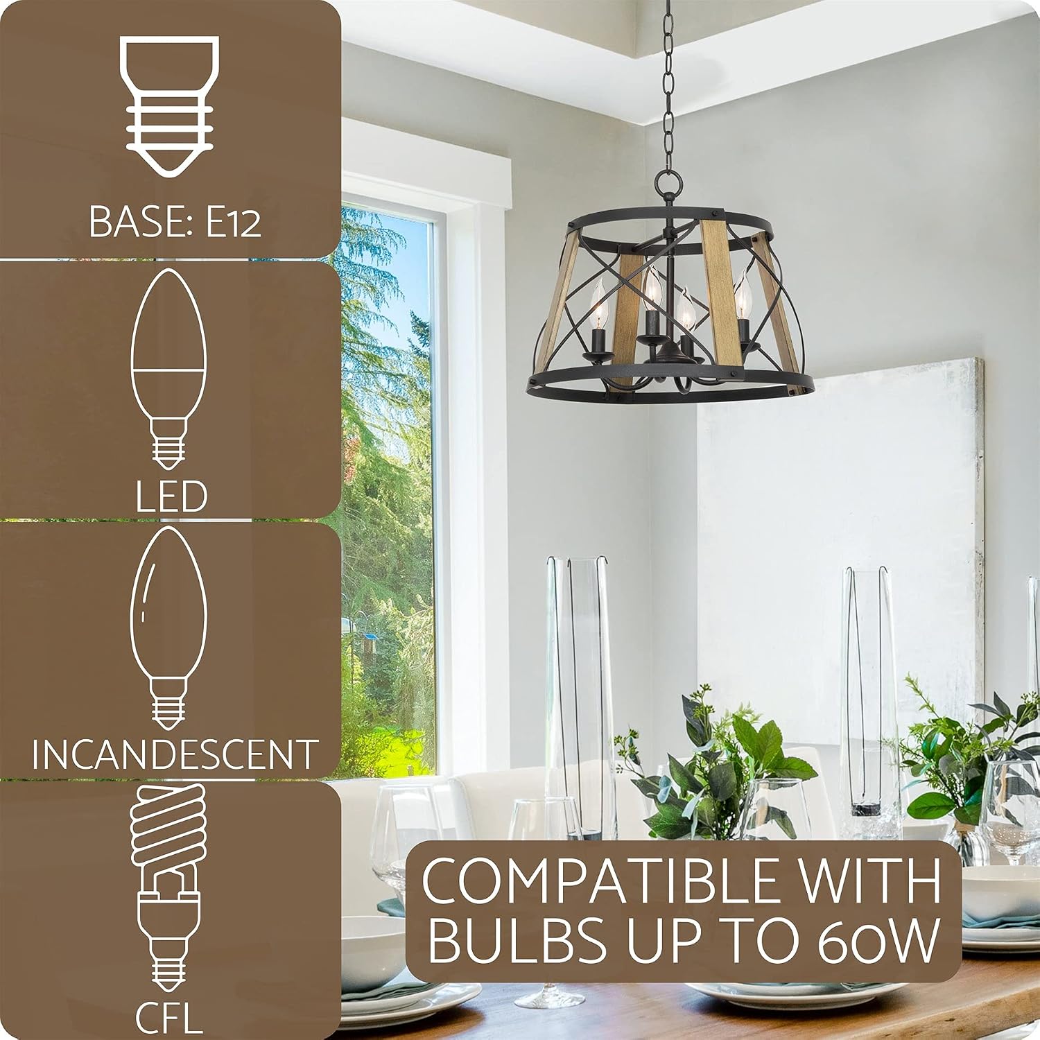 Amazing 🔥 Kira Home Napa 18 4-Light Industrial Modern Farmhouse Round Chandelier, Adjustable Hanging Height, Smoked Birch Wood Style + Textured Black Finish