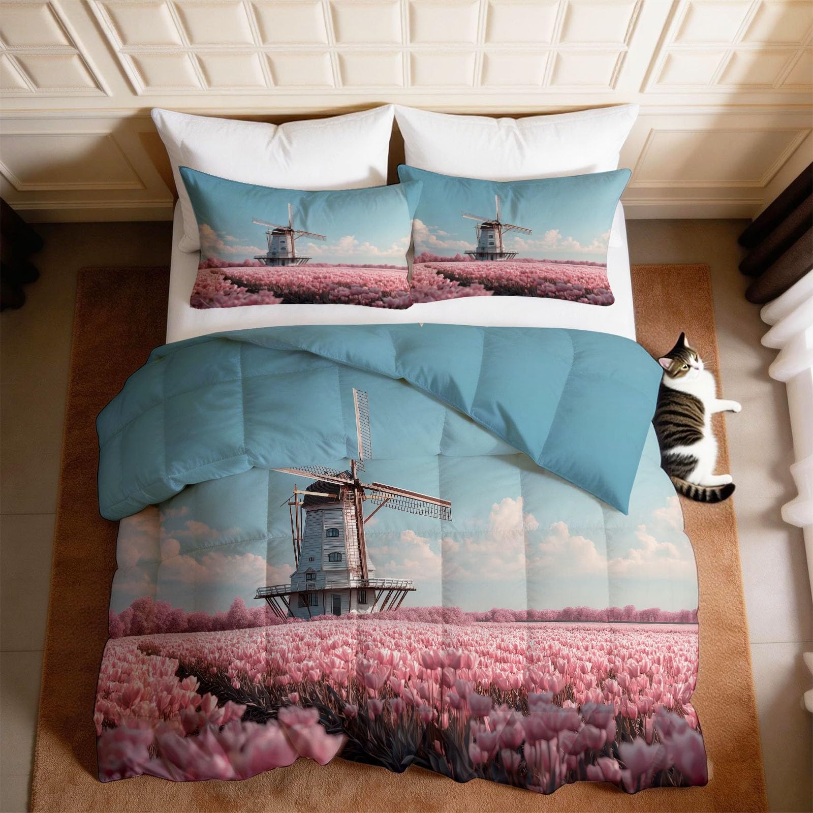 Kołdra bez poszewki, 200 x 200 cm, na 4 pory roku, z pranej bawełny, do fotografii, tulipanów, wiatraki, niebieska, przyjazna dla skóry, kołdra puchowa, nadaje się do prania, z 2 poszewkami na