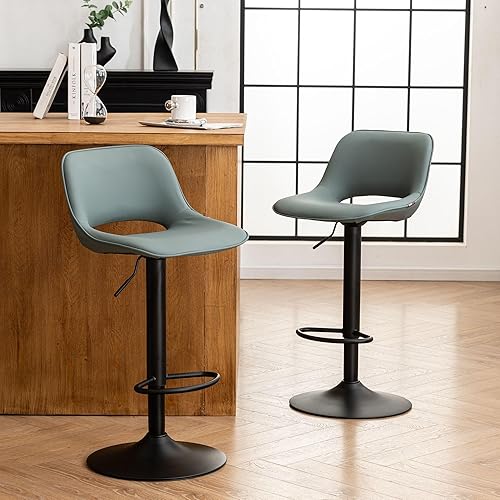 Miniatura 7 de YOUNIKE Juego de 2 taburetes de bar modernos giratorios, taburetes de bar ajustables de altura de mostrador, taburetes tapizados de piel sintética