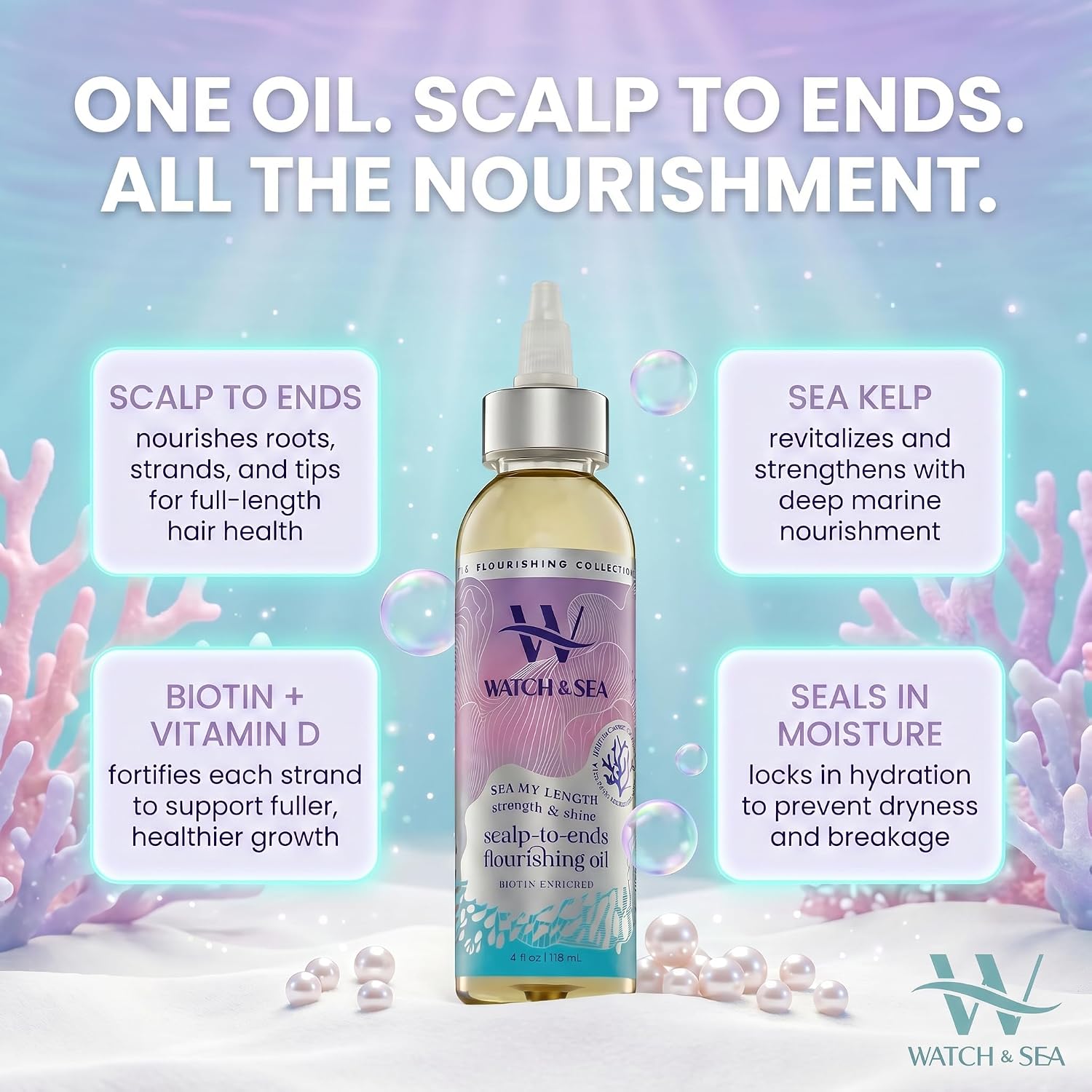 Watch & Sea Strength & Shine Scalp-to-End Flourishing Hair Oil - Strengthening Hair and Scalp Oil with Seaweed and Sea Kelp - Great for Daily Use and All Hair Types - 4 oz