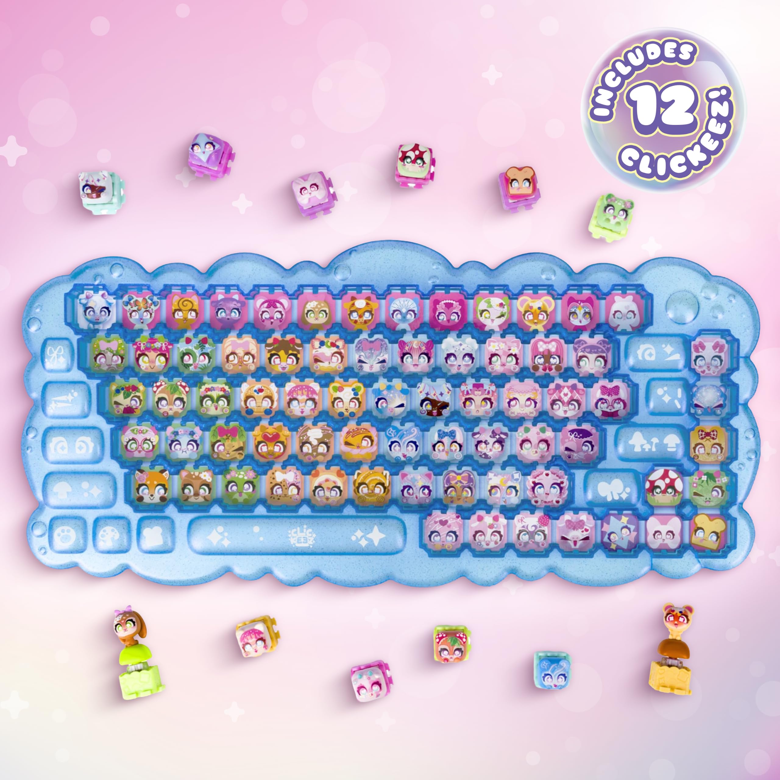 Clickeez Mega Pack de teclado serie 3 | Incluye una funda de coleccionista de teclado y 12 Clickeez con temática de burbujas (incluyendo 3 iluminados) | Coleccionables con clic | A partir de 6 años