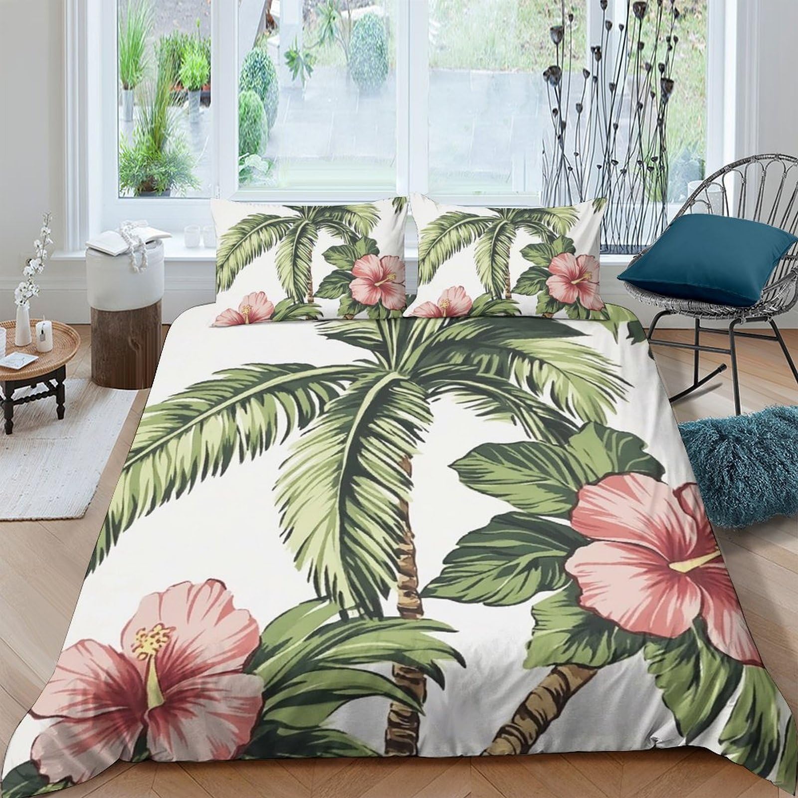 Ctjqhvkz Style-3 3D Printed Tropical Palm Fitted Sheet Microfiber Floral Hibiscus Mattress Cover Bedroom Decor Anti-Slip Easy Care Single（135X200cm）