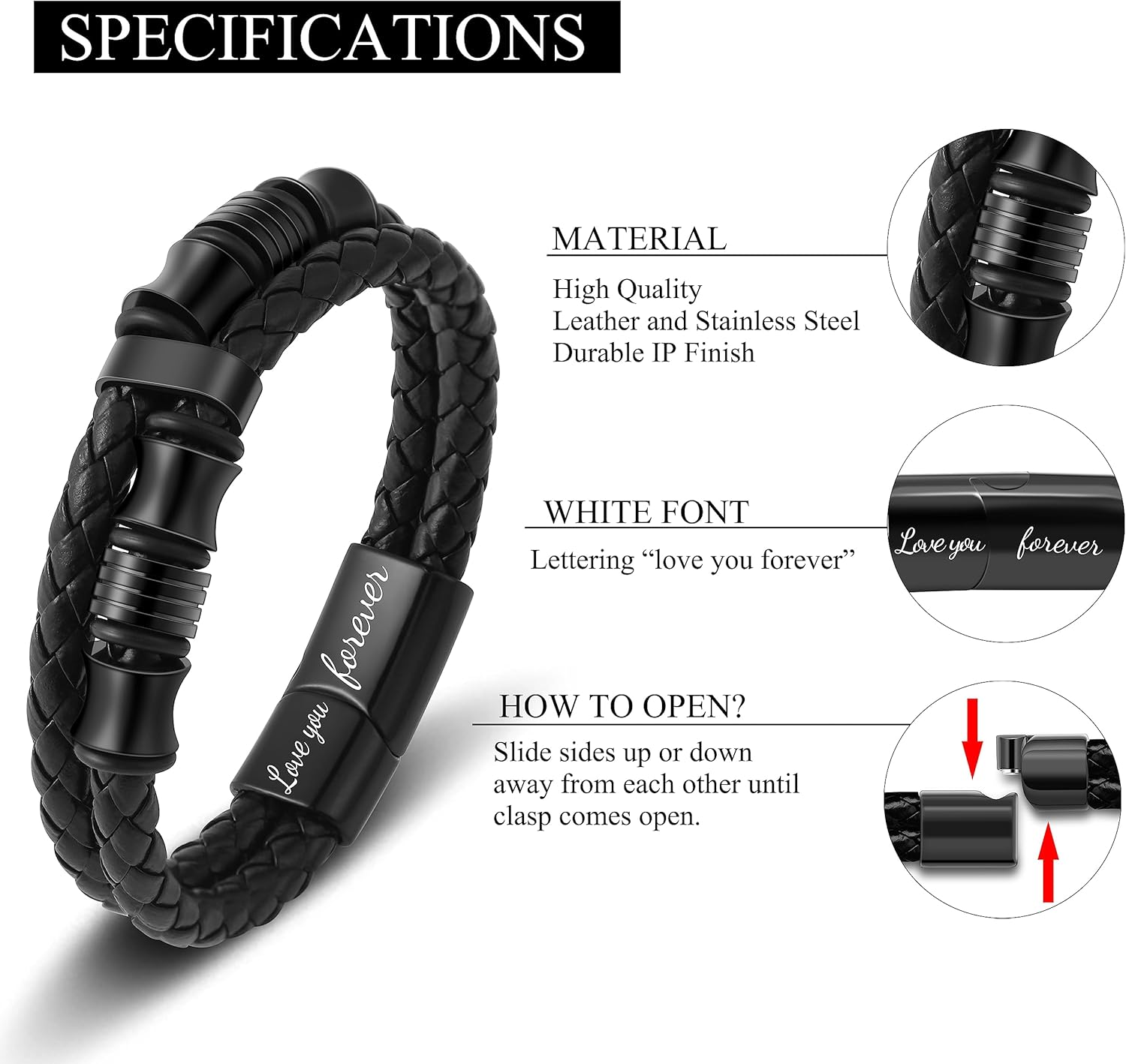 𝐆𝐢𝐟𝐭 𝐟𝐨𝐫 𝐌𝐞𝐧 Braided 𝐋𝐞𝐚𝐭𝐡𝐞𝐫 𝐁𝐫𝐚𝐜𝐞𝐥𝐞𝐭 for Men Dad Husband Boyfriend Son Grandson Brother Stainless Steel Clasp Engraved with Love You Forever Jewelry Birthday Gift 7.5 8.5 9 Inch - Image 5