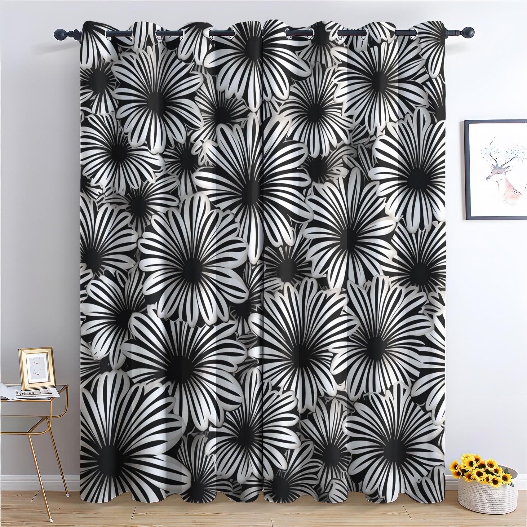 QEODAH Daisy Blackout Curtains for Bedroom - Black and White Floral Botanical Living Room Curtains 66x90 Eyelet - Soft Thermal Insulated Patterned Drapes for Windows - 2 Panels