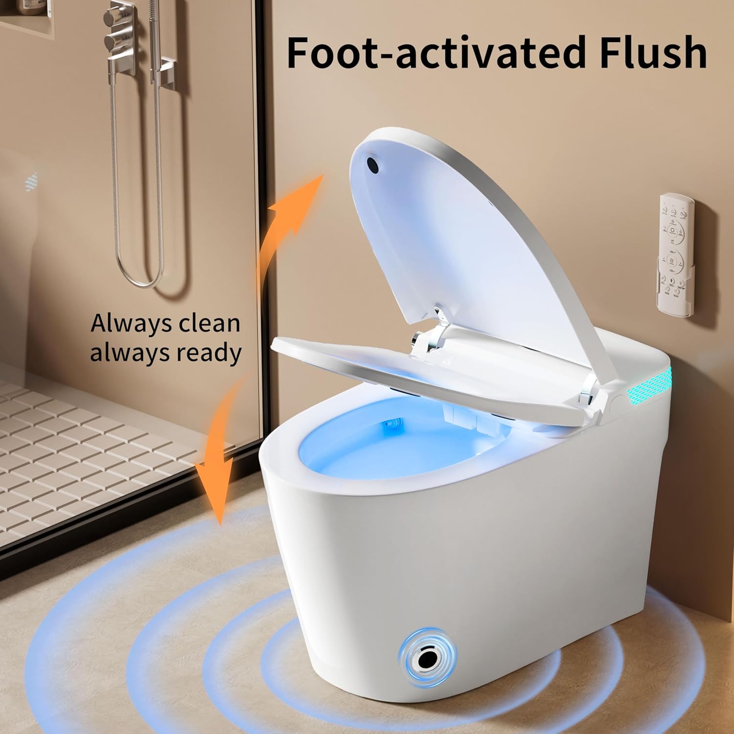 Smart Toilet Bidet with Foot Sensor Flush and Heated Seat, Tankless Toilets for Bathroom, Elongated Toilet with Child Mode, Dual Flush Remotel, Self-Cleaning Nozzle, Warm Dryer & LED Display