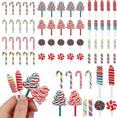 Giegxin 60 Pcs Mini Christmas Fake Candy Canes for Crafts Christmas Decoration Miniature Rainbow Peppermint Lollipop Embellishment Xmas Tiny Candy Ornaments for DIY Craft Making Scrap Booking Supplies