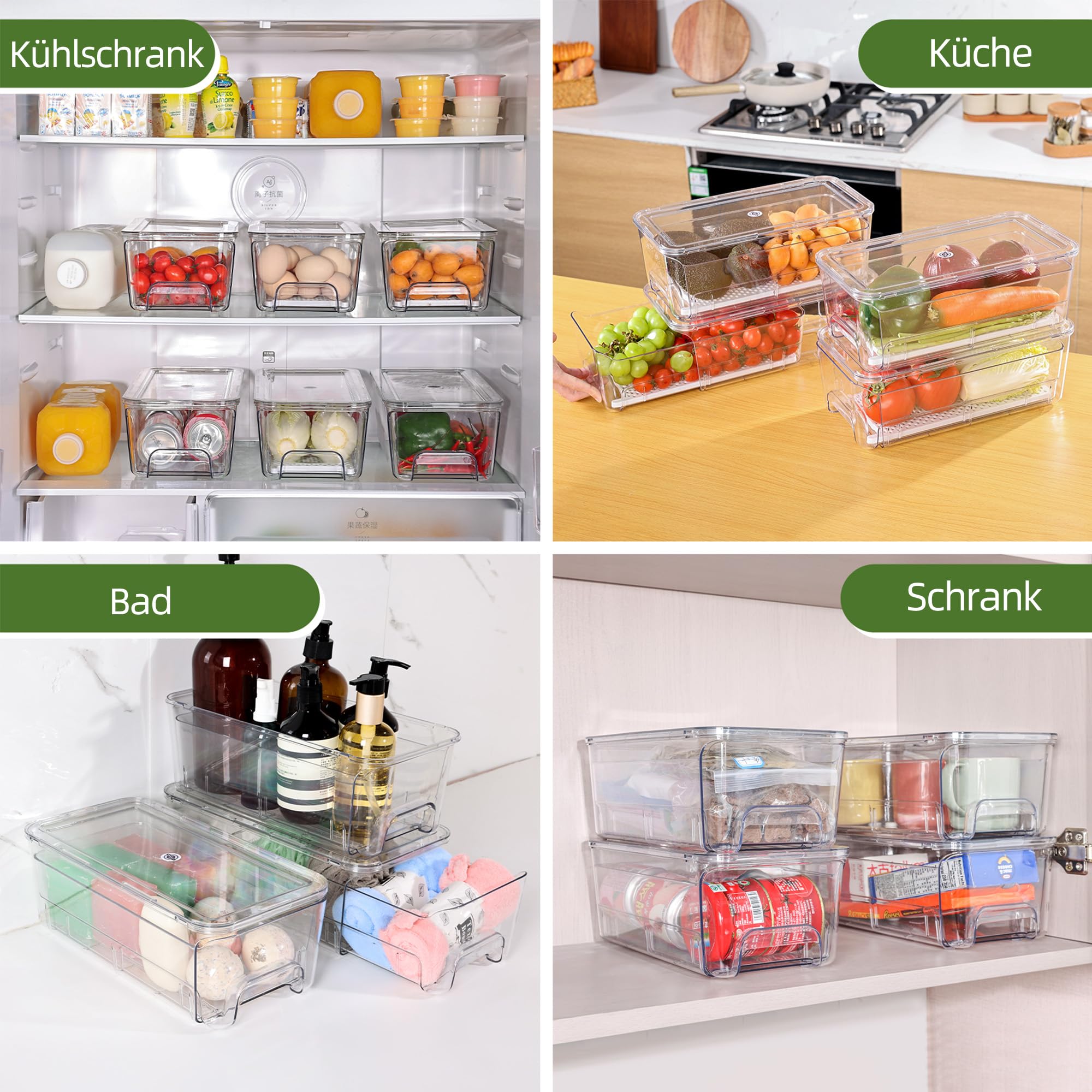 MIUKAA Kühlschrank Organizer Schublade, 4 Stück Doppelschichtige Stapelbar, Aufbewahrungsbox Kücheorganizer, Speisekammer Vorratsbehälter Durchsichtig Behälter für Kühlschrank, Küchen, Schränke