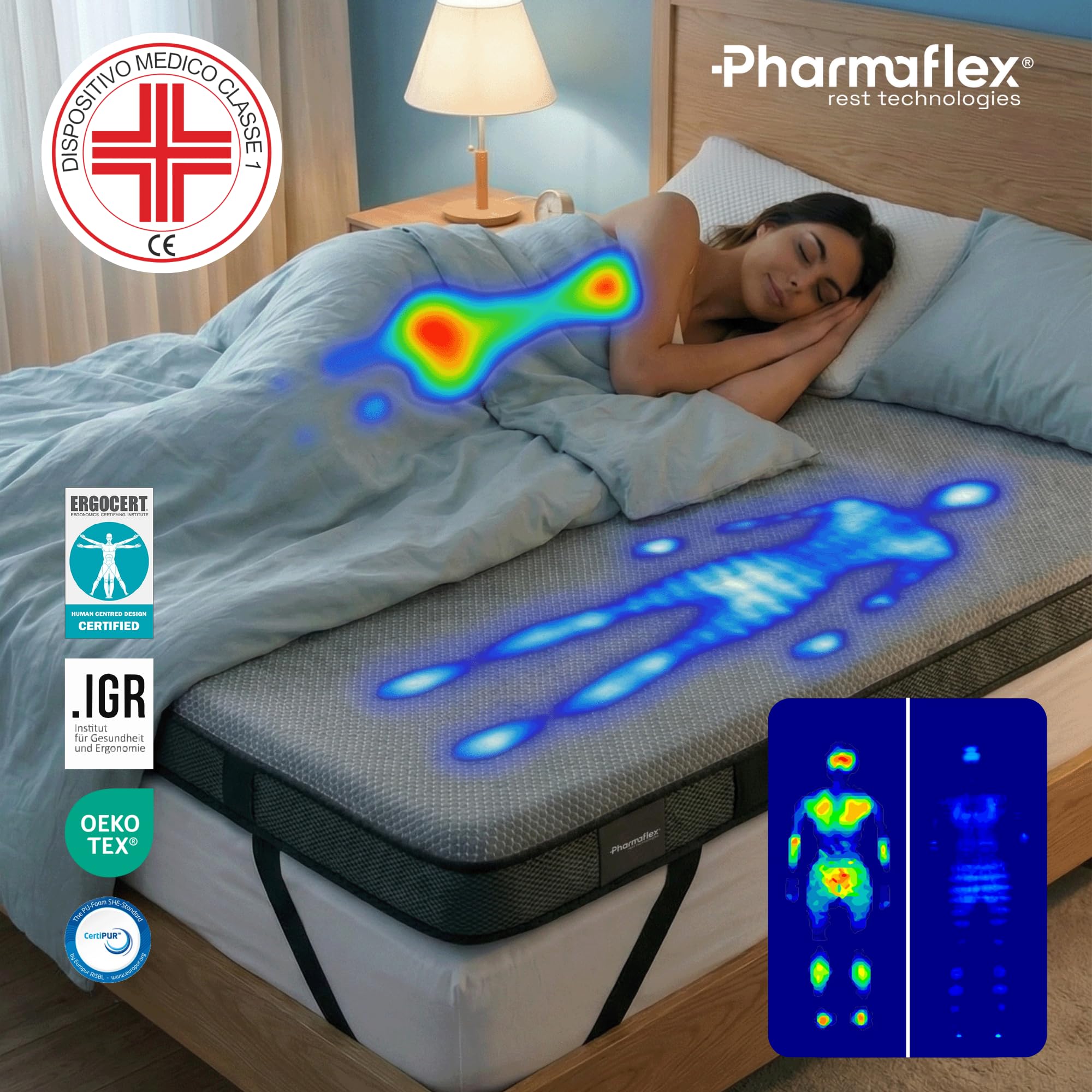 Pharmaflex - Topper Memory Foam 160x190 Materasso Matrimoniale, Alto 6 cm con 7 Zone e 2 Strati per Mal di Schiena Allevia Dolori, Coprimaterasso Correttore Medico Ortopedico con 4 Bande Elastiche