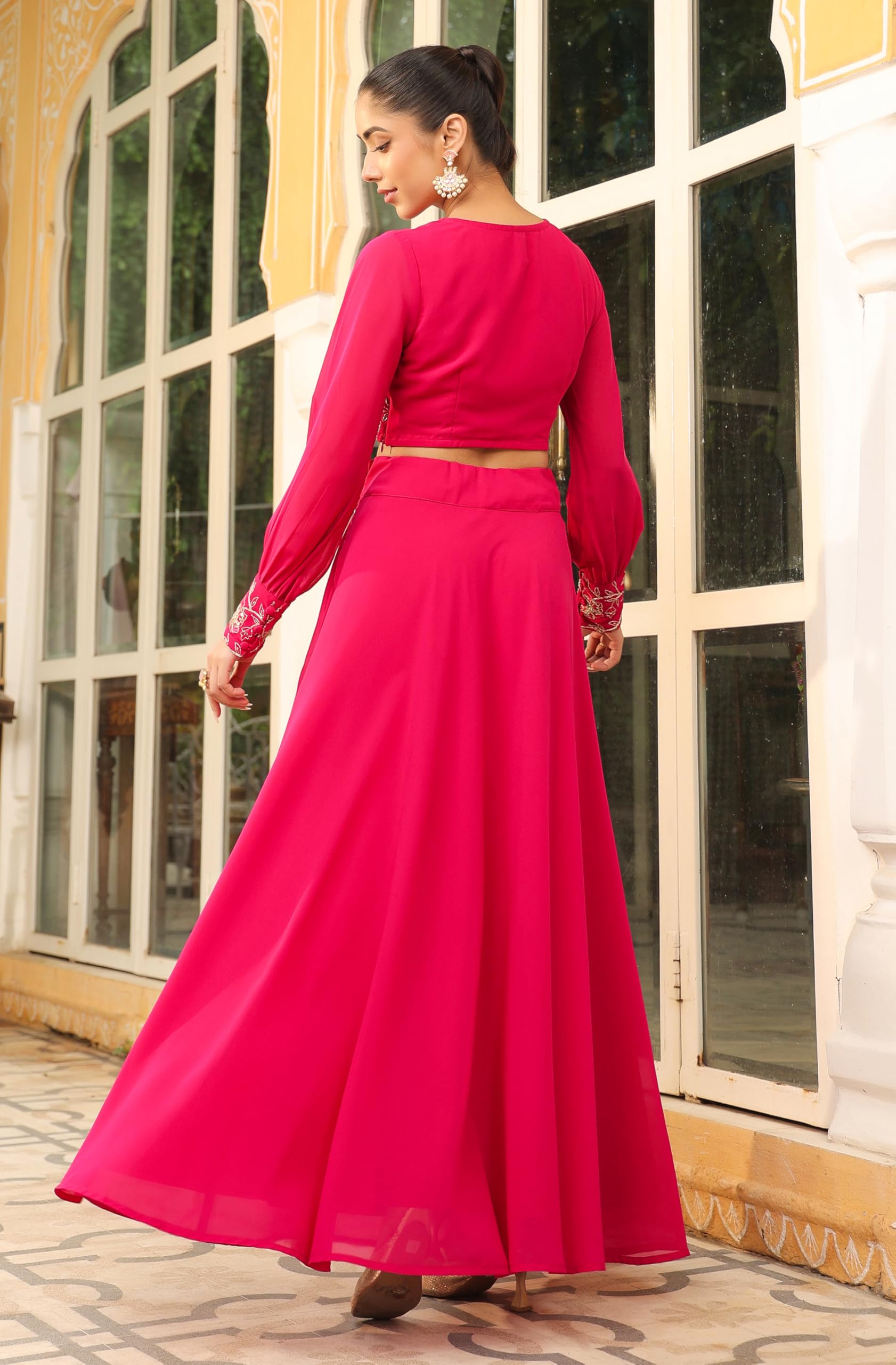 Janasya Women Georgette Embroidered Top & Skirt Pink Color Trending Outfit - Image 7 thumbnail