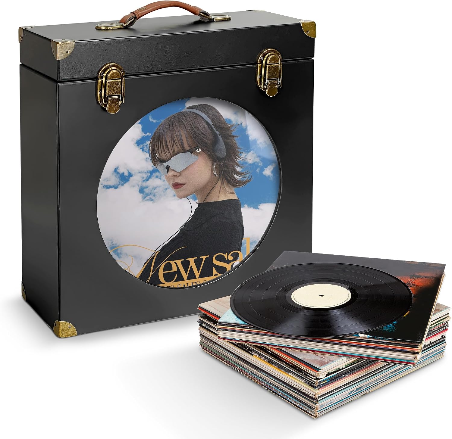 Vinyl Record Storage Box with Display Window, Holds 30 LPs (Black)