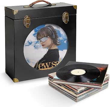 Vinyl Record Storage Box with Display Window, Holds 30 LPs Black