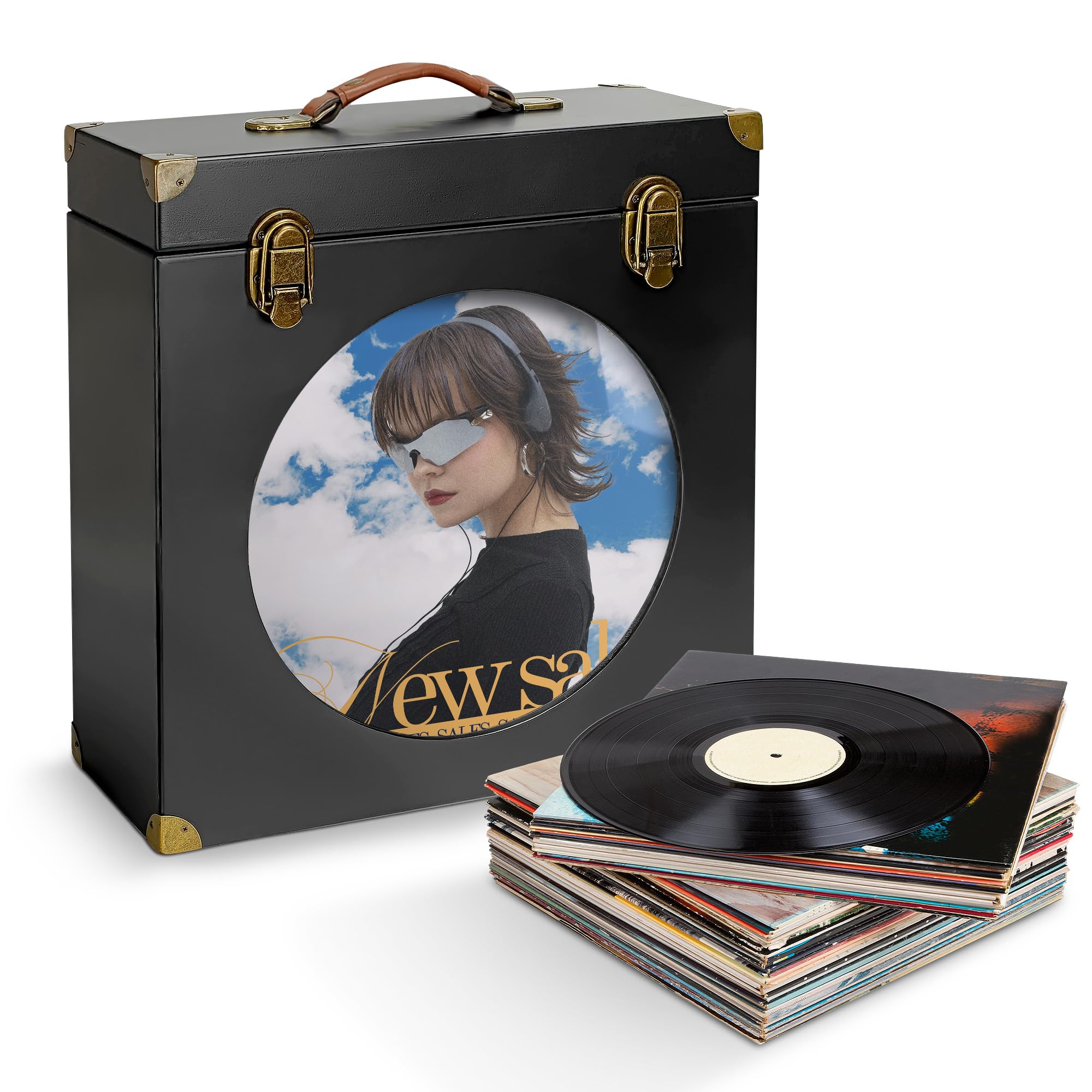 Contenitore per dischi in vinile in legno massello con vetrina, contiene 30 LP, parte anteriore in acrilico, manico in pelle e serratura in metallo, per dischi da 12/10/7 pollici (nero)