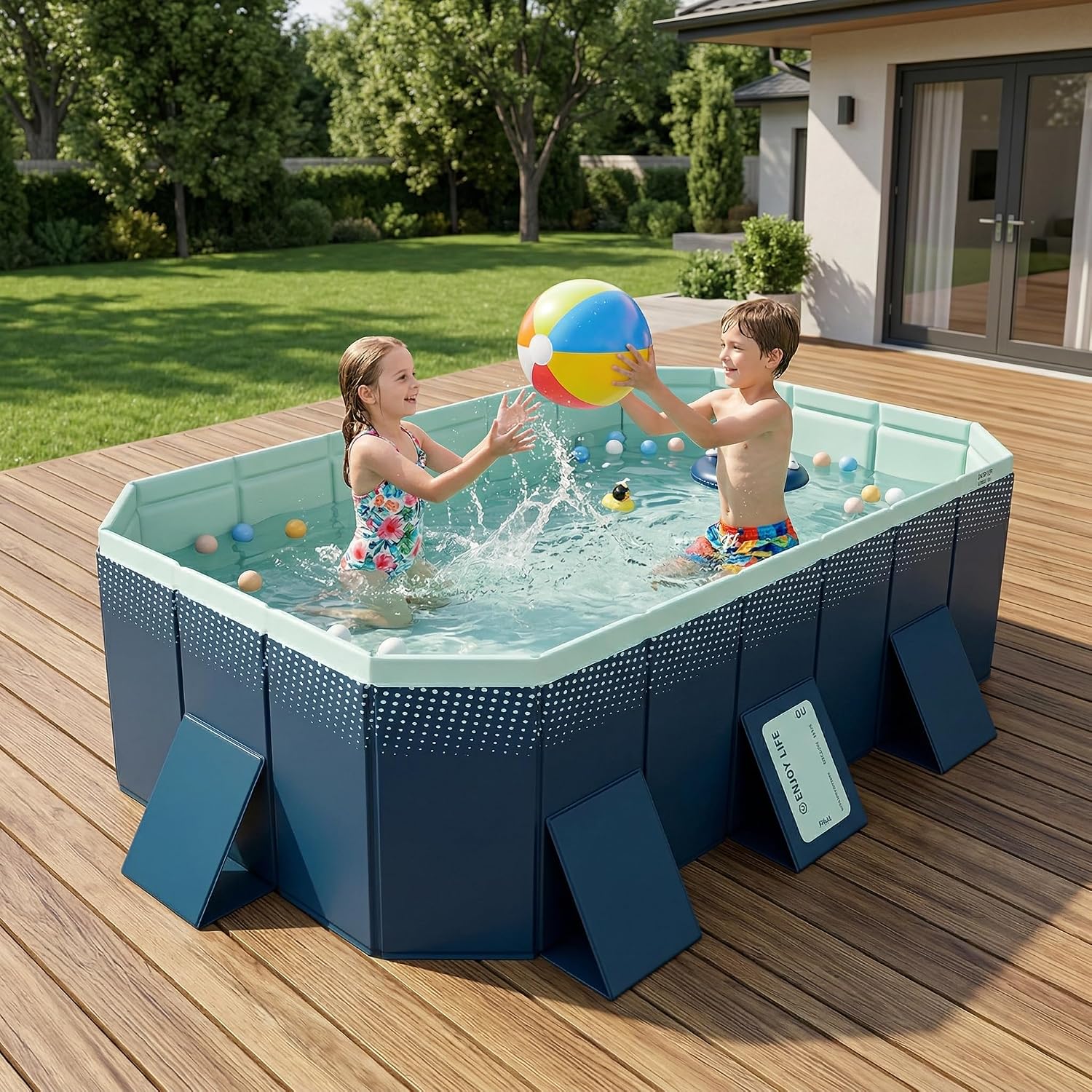 2.6M Foldable PVC Pool - Non-Inflatable Large Family Swimming Pool with Double Speed Drainage, 450GAL Capacity Hard-Sided Pool for Adults, Kids, Ideal for Backyard, Patio, Garden (Blue)