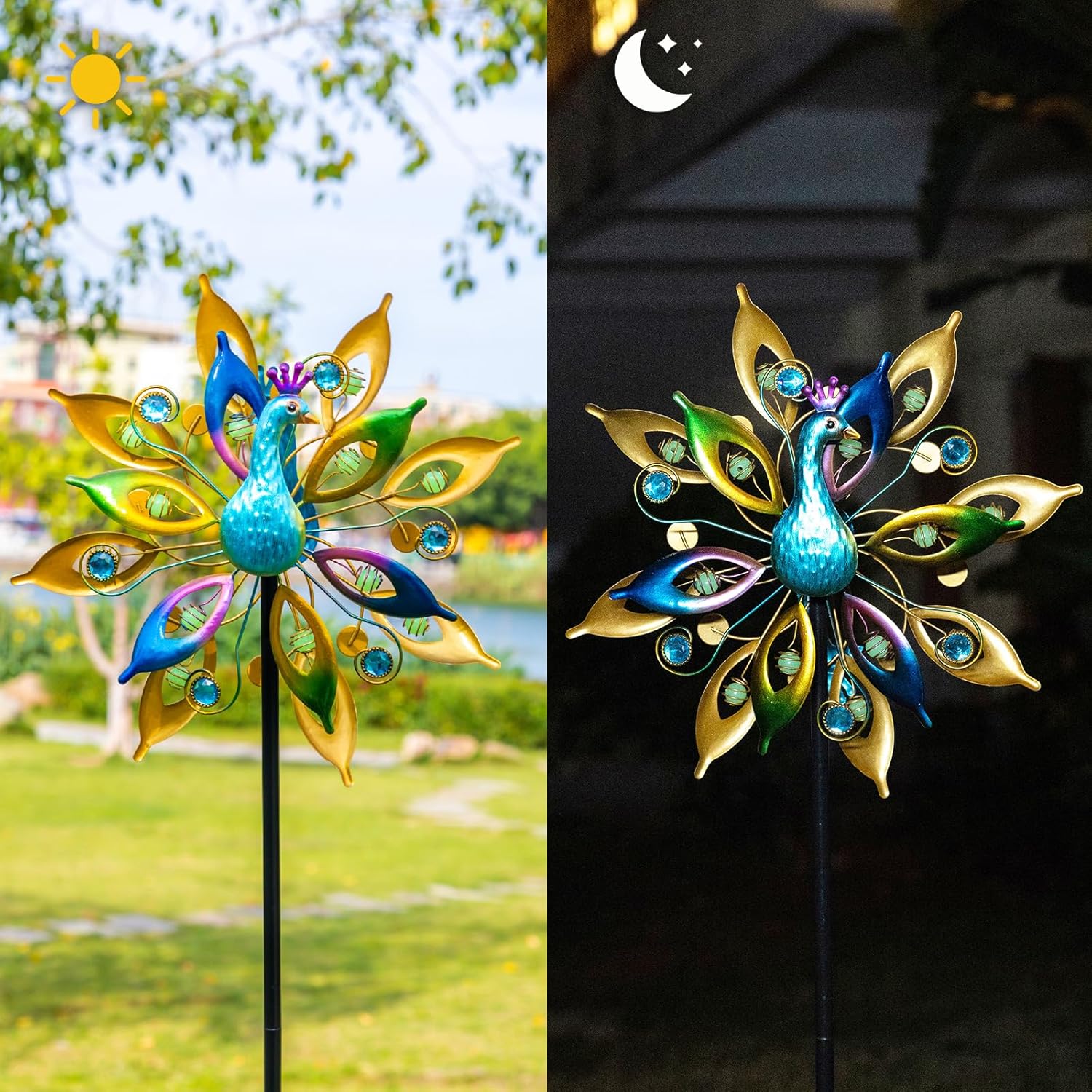 DREAMYSOUL Outdoor Peacock Wind Spinners with Gem Decor, 13" D*65" H Double Sided Kinetic Wind Sculptures & Spinners, Metal Peacock Decor for Garden Yard Lawn