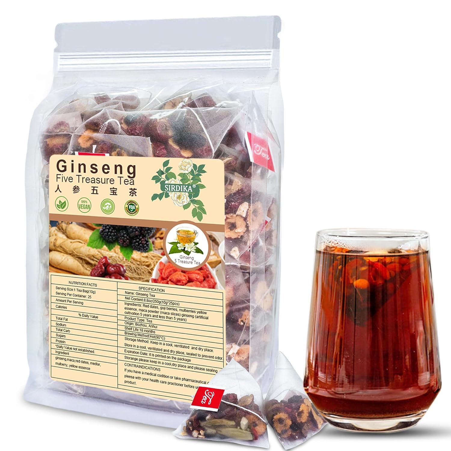 Ginseng Five Treasures Tea Kidney Tea – Ginseng & Mulberry Herbal Teas Natural Chinese Red Date Kidney Cleanse Detox Teas Bag for Men Women, te de riñon Saludable Organica (1 Bag(25PC))