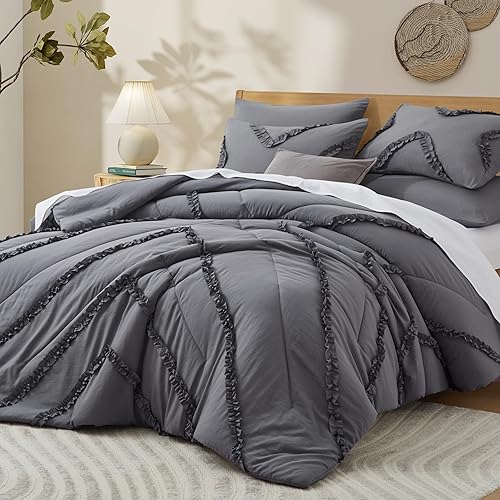 Miniatura 2 de BEDAZZLED Juego de edredón Queen  Edredón gris con volantes de 5 piezas, ropa de cama en una bolsa, edredón de cama texturizado, elegante juego de