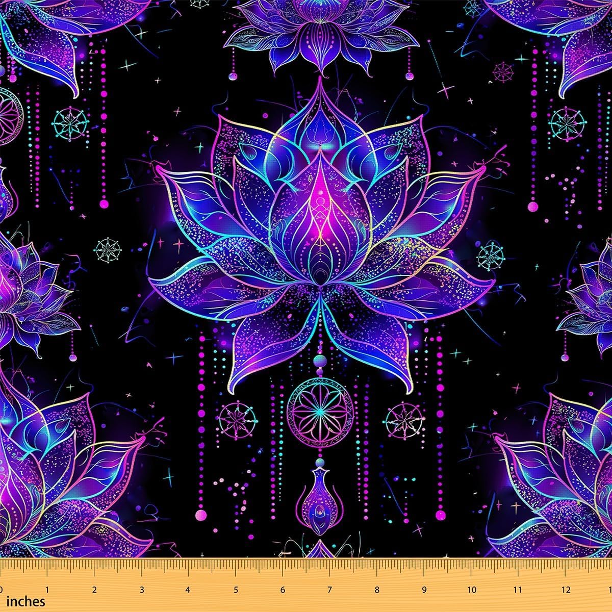 Erosebridal Lotus Flower Fabric by The Yard, Bohemian Style Mandala Exotic Floral Upholstery Fabric, Boho Geometric Decorative Fabric, Dreamy Cartoon Gothic Waterproof Fabric, Blue Purple, 3 Yards