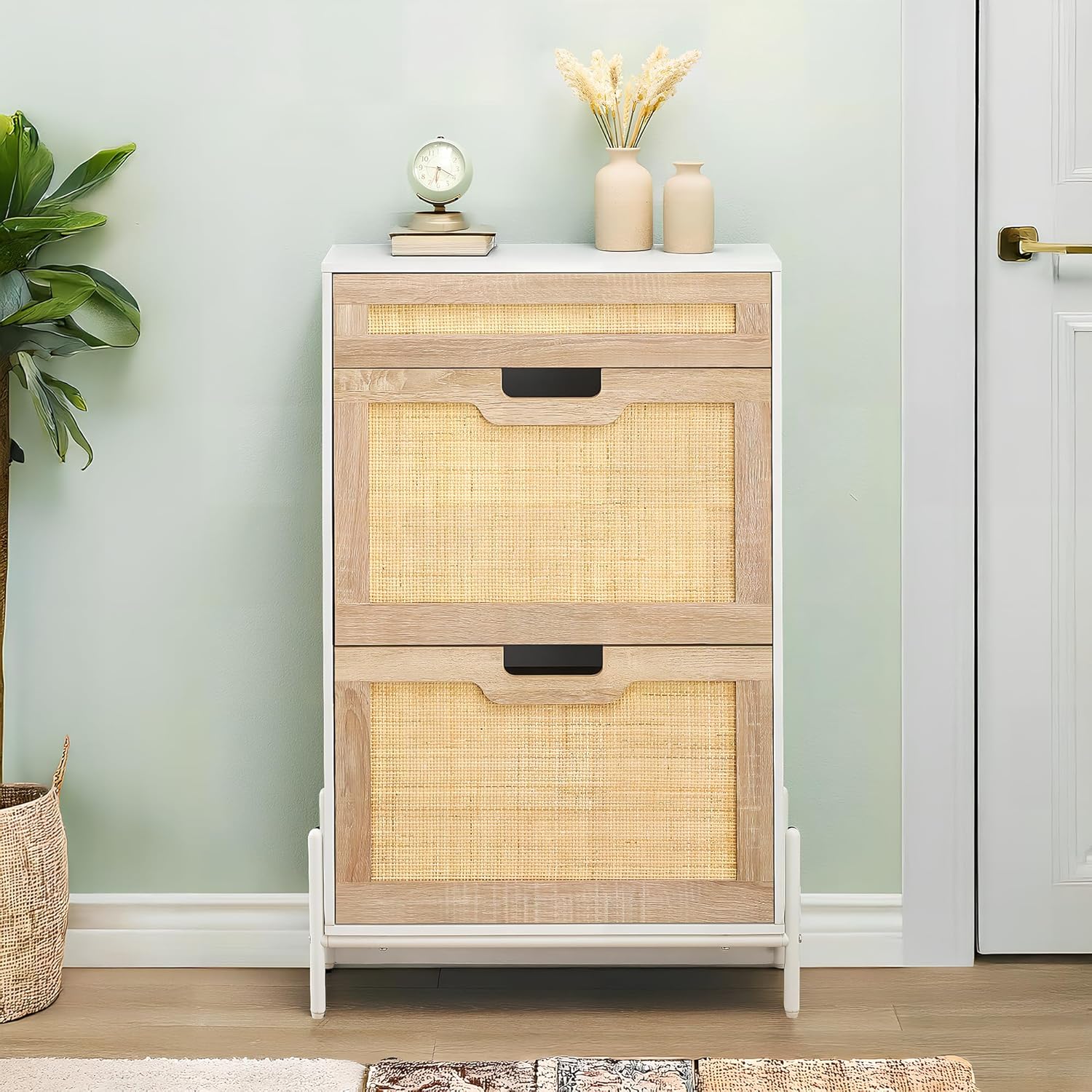 Rattan Shoe Cabinet Storage with 3 Drawers, Freestanding Shoe Organizer Wooden, Slim Shoe Rack Storage with 3-Tier Adjustable Shelves for Slippers,Sneakers,Heels,Boots for Entry, Hallway, Porches