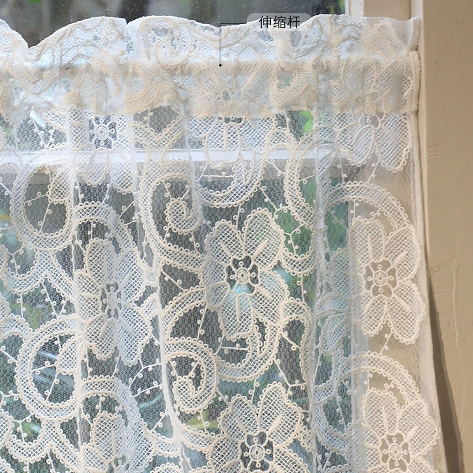 Zazdrostki, zestaw 2-częściowy, do kuchni, 2 x 60 x 120 cm (wys. x szer.), zazdrostki krótkie, beżowe, haftowane koronkowe wzory kwiatowe z frędzlami, zasłony z kieszenią na wędkę