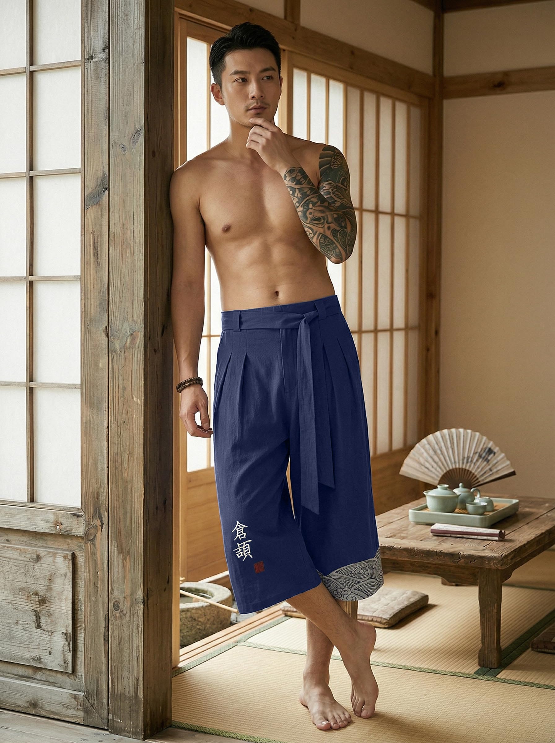 YAOBAOLE Pantalon Japonais Homme Pantalon Court Taro pour Hommes en Lin Vêtements Traditionnels Japonais avec Cordon de Serrage
