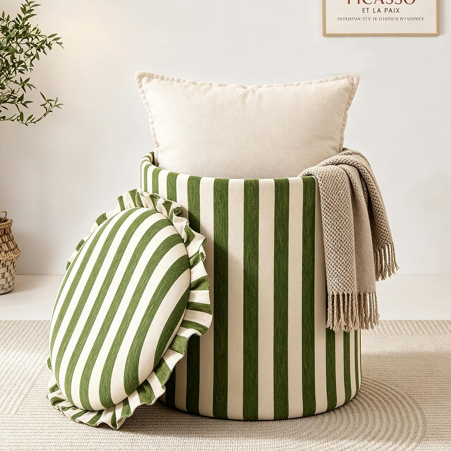GLAXYFUR Round Striped Ottoman with Storage, Foot Rest Stool, Green