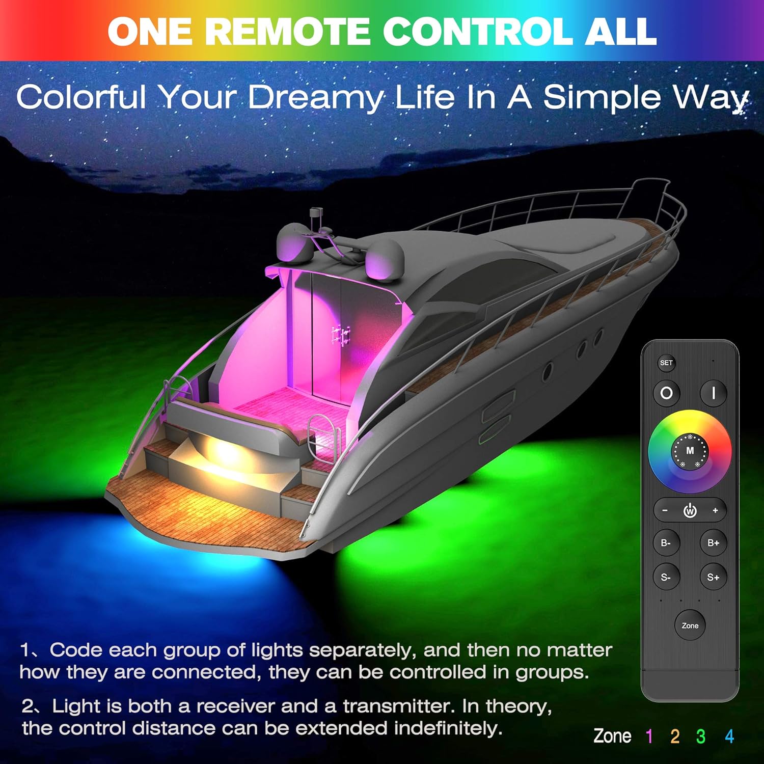 HUSUKU R1 Boat RGB Led Light 2x2000LM Underwater Marine Color Light Kit , 12V~24V, IP68 Waterproof, Wireless Grouping and Control, Auto Sync, for Yacht / Boat / Pontoon / Dock / Pool / Fishing Lights : Sports & Outdoors