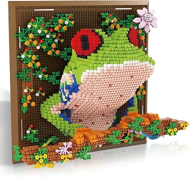 Tree Frog Animal 3D Wall Art Micro Mini Building Blocks Set Framed Nature Amphibian Model Kit for Adults & Teens Creative Desktop Decor & Wall Hanging Display Gift