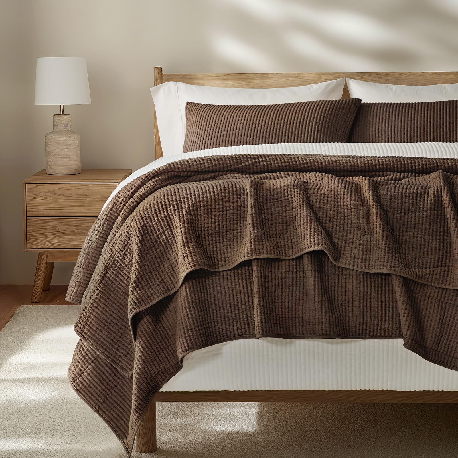 EVERGRACEHOME Cotton Ribbed Matelassé Coverlet Set, King, Sienna Brown