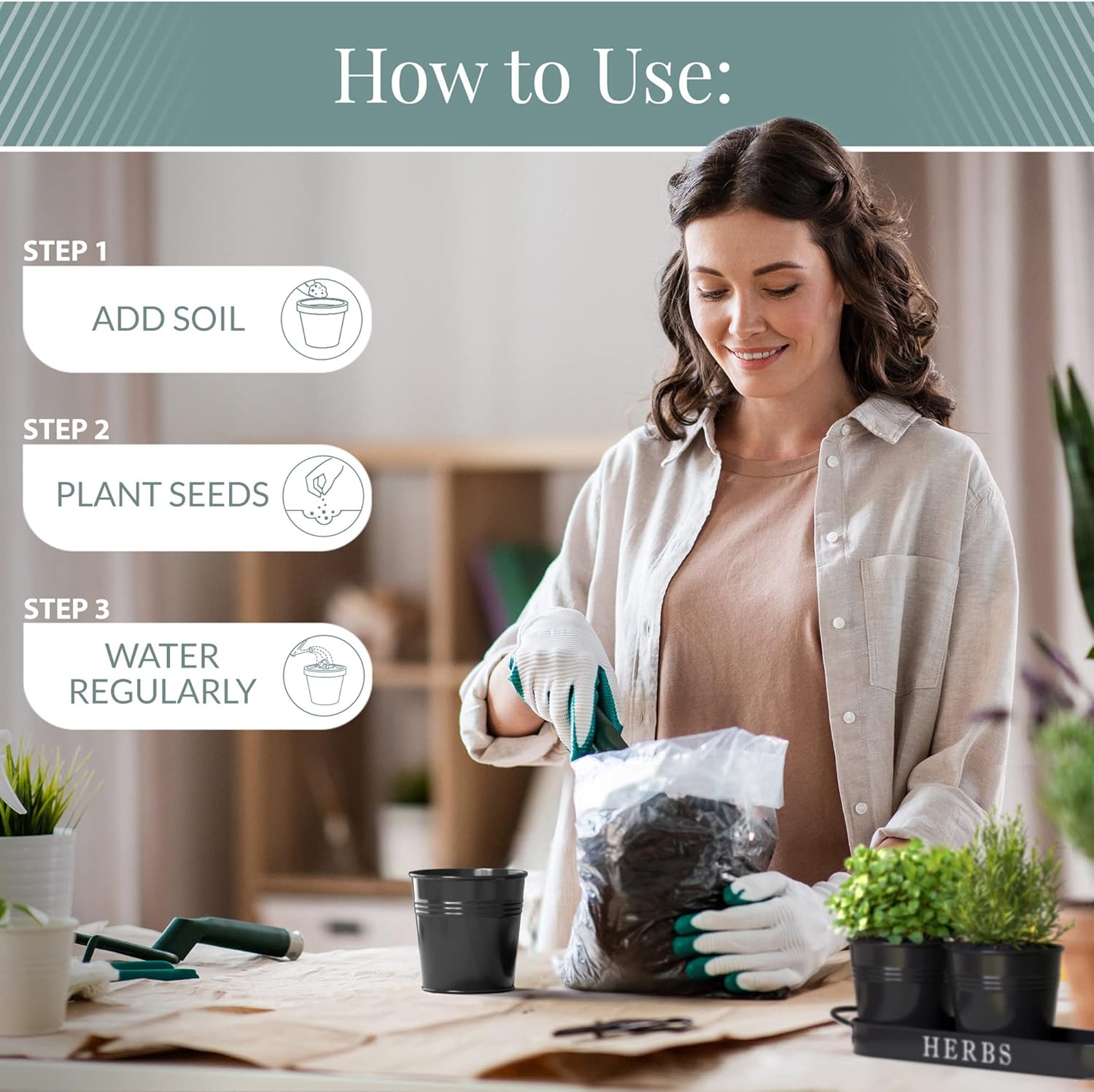 Barnyard Designs Indoor Herb Garden Planter Set with Tray, Metal Windowsill Plant Pots with Drainage for Outdoor or Indoor Plants, Set/3 (Black) - Image 8