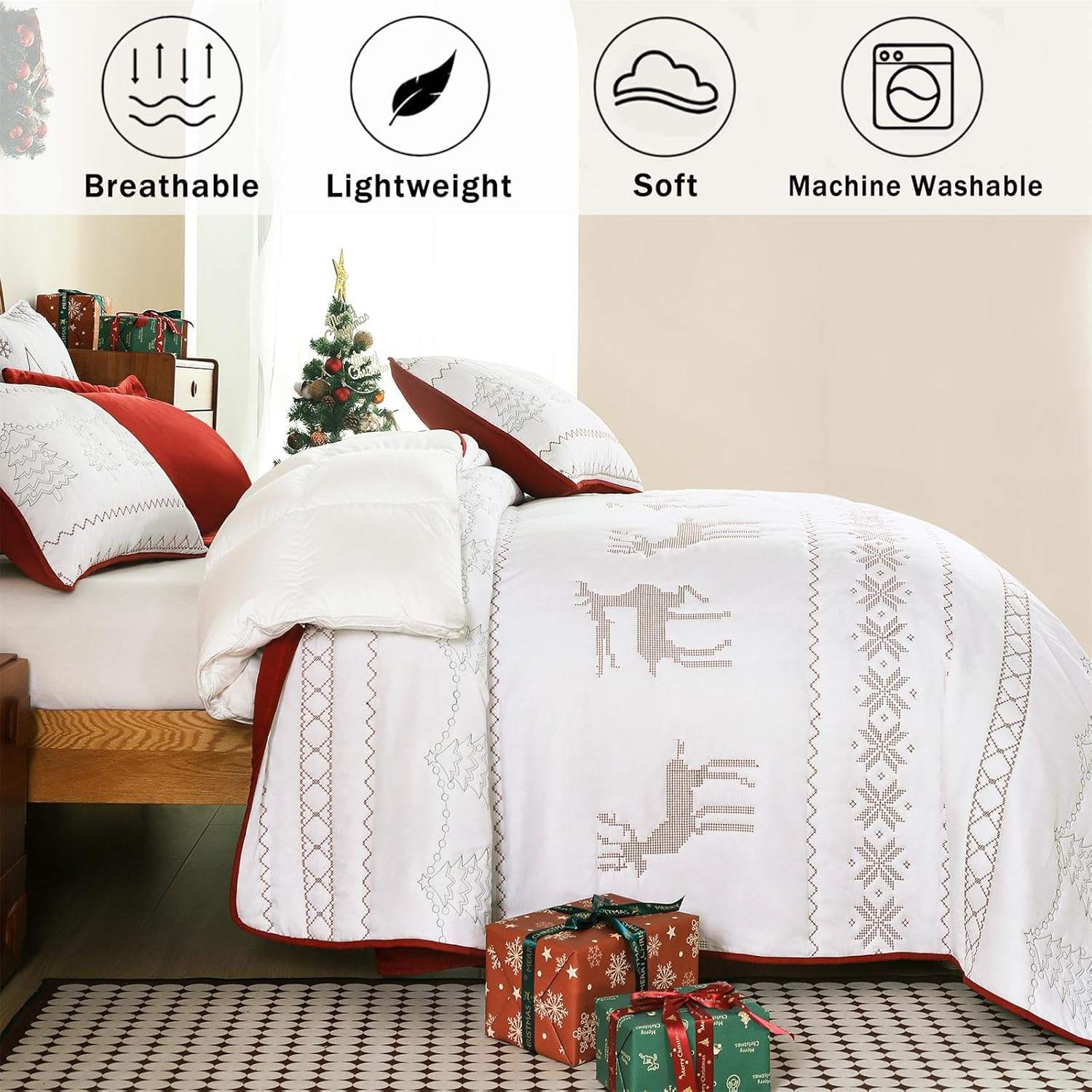 Christmas Queen Size Quilt Set Red-92"x96" Bedspread with 2 Pillow Shams-Exquisite Embroidery Bedding Comforter for All Season-Lightweight Coverlet-Festival Decorations