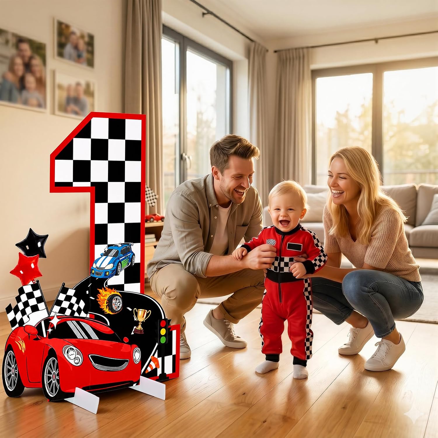 Fast One Birthday Decorations, 36 Inch Race Car 1st Birthday Cardboard Cutout with Stand, Large Number 1 Racing Party Decoration, Checkered Flag Photo Booth Prop, Race Car Birthday Backdrop