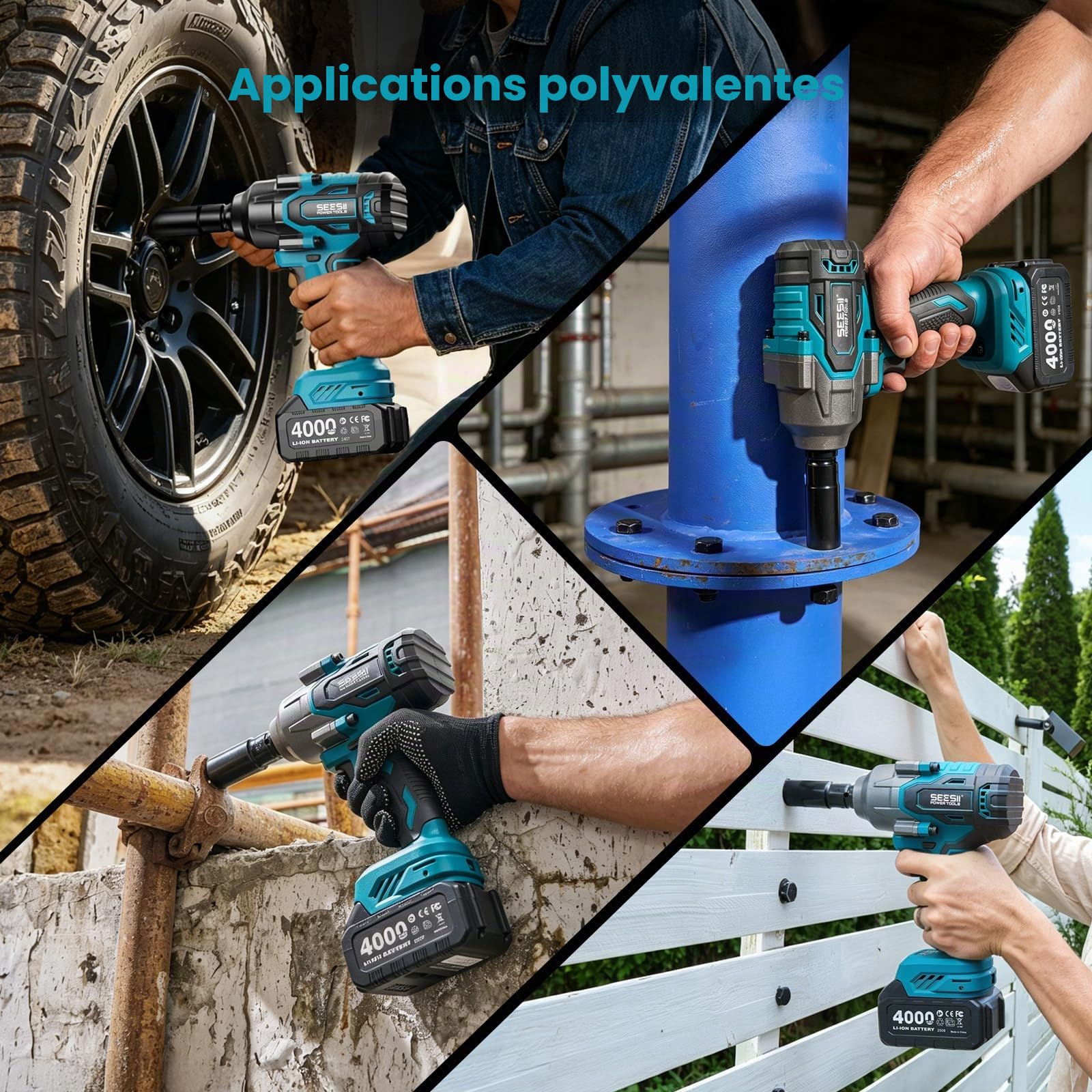 Seesii 1200 N·m Clé à Chocs Sans Fil Brushless, 1/2 pouce Boulonneuse a Choc Electrique avec 2x4.0Ah Batterie, Chargeur Rapide, Visseuse à Choc avec 5 Douilles pour la Voiture et la Maison