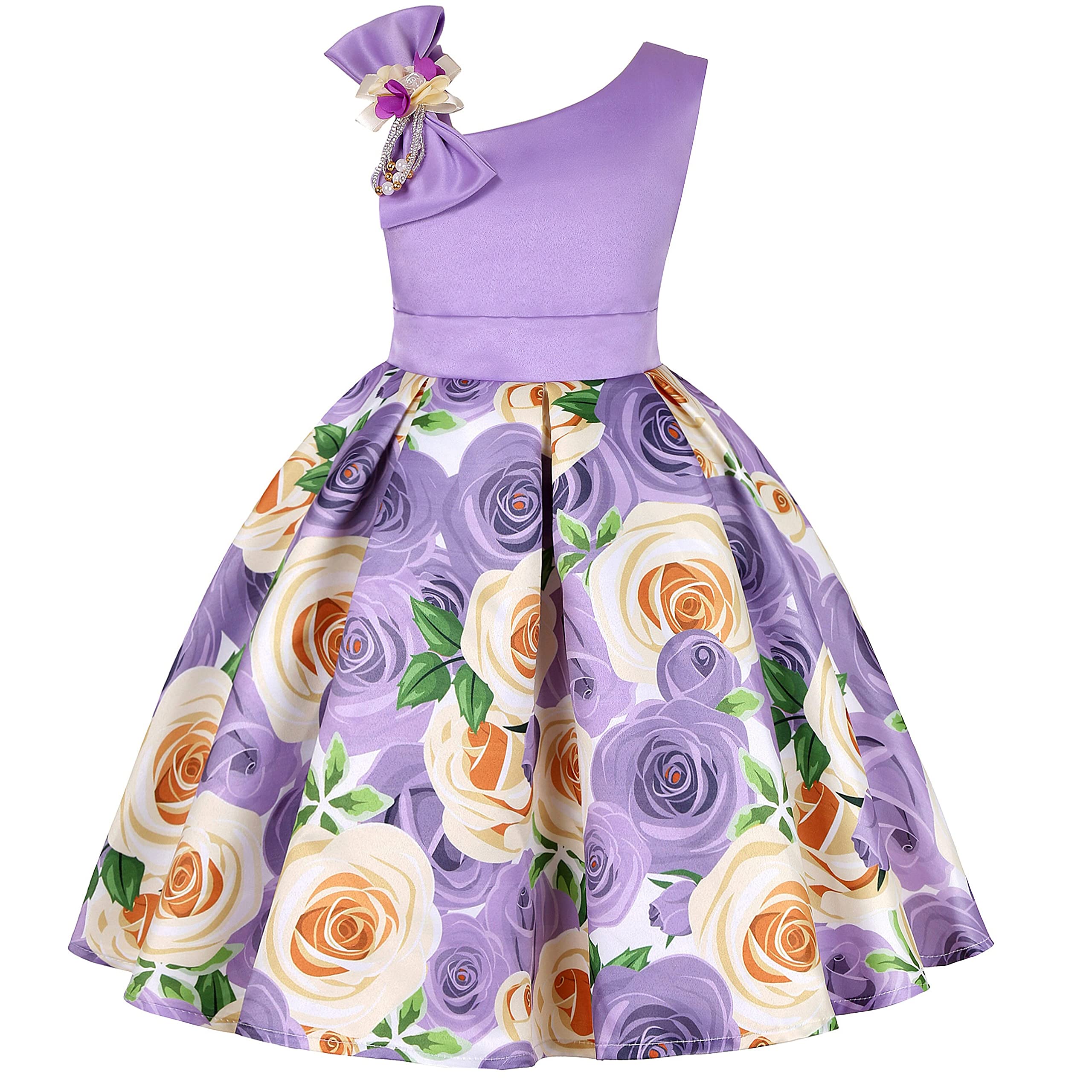 Flower Girl Dress Rose Floral Birthday Party Dresses Pageant Ball Gown|Sleeveless|Off-The-Shoulder|Beaded Bow 2-10Y
