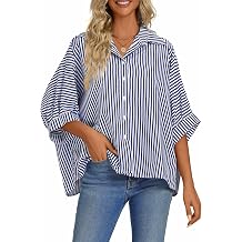 Vrtige Womens Casual Stripe Button Down Blouse | Collar V Neck Half Sleeve Loose Blouse Shirt Top