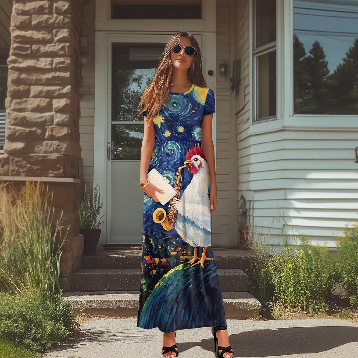 Women's Summer Short Sleeve Dress Casual Crew Neck Maxi Dresses with Pockets Flowy Vacation Beach Dress - Image 4