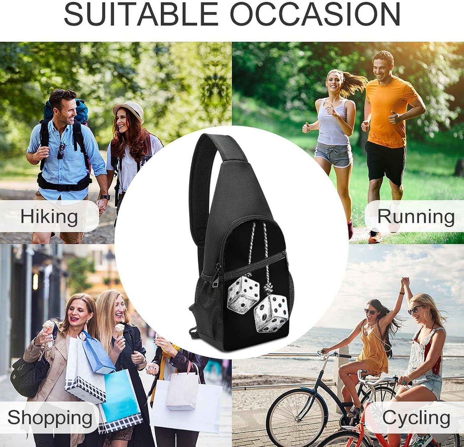 Two Dice Hanging on A Rope Crossbody Sling Backpack Chest Bag Daypack | unisex,trendy,with convertible and detachable shoulder strap,side pockets