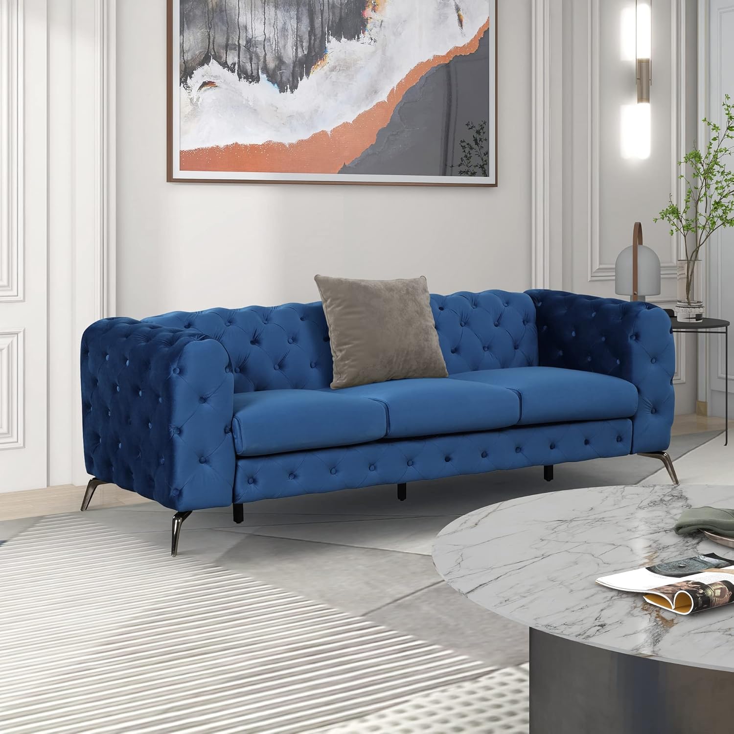Harper & Bright Designs 3-Piece Sofa Sets, Blue Velvet Upholstered Living Room Couches Set, Including 3-Seater Sofa, Loveseat and Single Chair with Button Tufted Back and Metal Legs