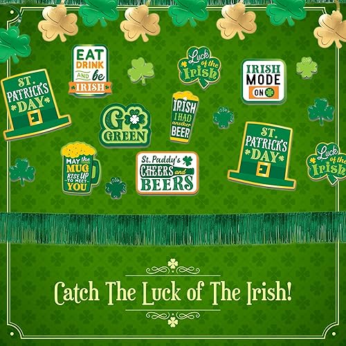 Miniatura 3 de Amscan Kit de decoración de barra del día de San Patricio, incluye remolinos de aluminio con recortes, recortes de papel, 2 guirnaldas de flecos de