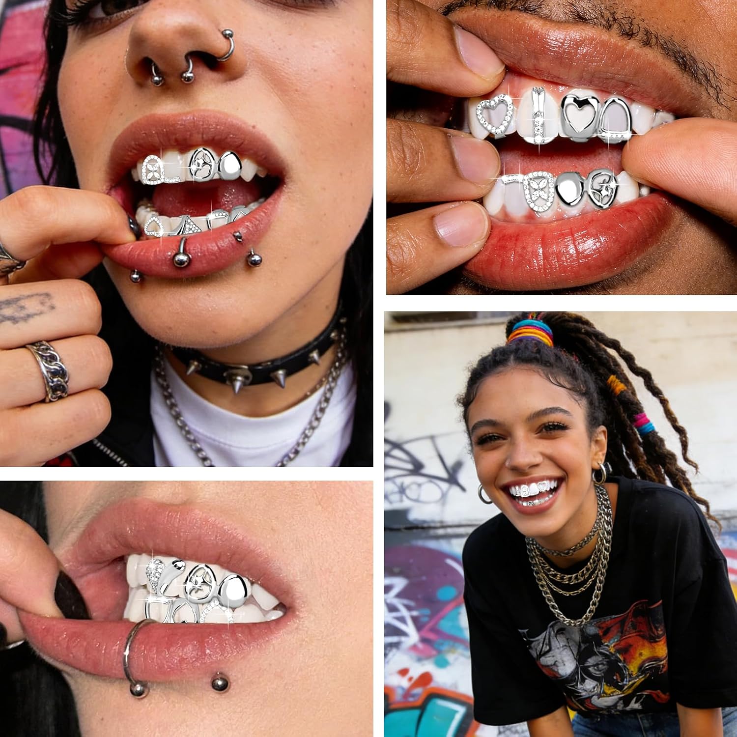 6Pcs 18K Gold Plated Grills Teeth Caps for Women Men, Single Grillz Dental Jewelry Kit Iced Out Hip Hop Fake Teeth for Party, Halloween, Cosplay