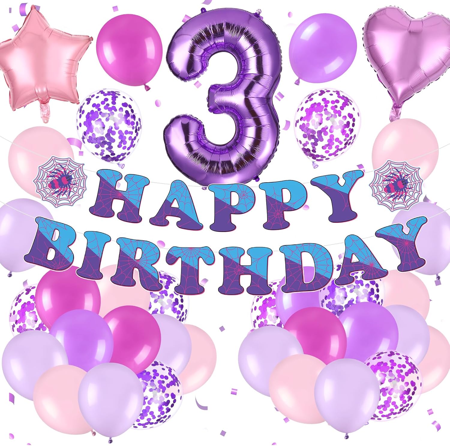 37pcs Ghost Spider Birthday Decorations-Purple Number Balloon,Happy Birthday Banner,Pink/Purple Balloons,Ghost Spider Theme Birthday Decor for HappyBirthday Party (Spider-Purple-3rd)