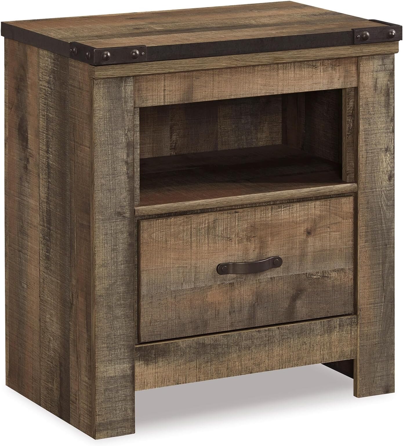 Trinell Rustic 1 Drawer Nightstand, USB Charing, Storage Cubby, Nailhead Accents, Wood, 24.72" W x 16.18" D x 26.22" H, Warm Brown