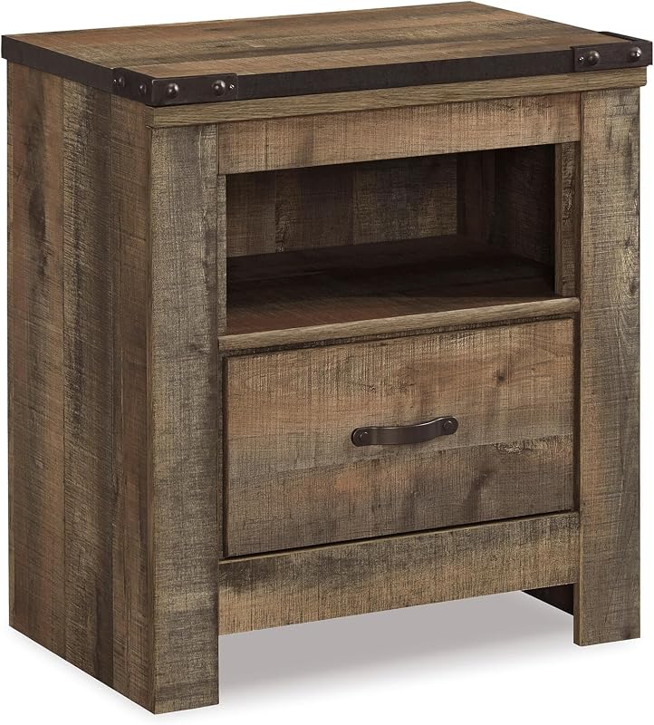 Trinell Nightstand with Charging Station | Dual USB ports, Engineered wood construction, Open storage cubby, Smooth-operating drawer, Antiqued bronze-tone hardware
