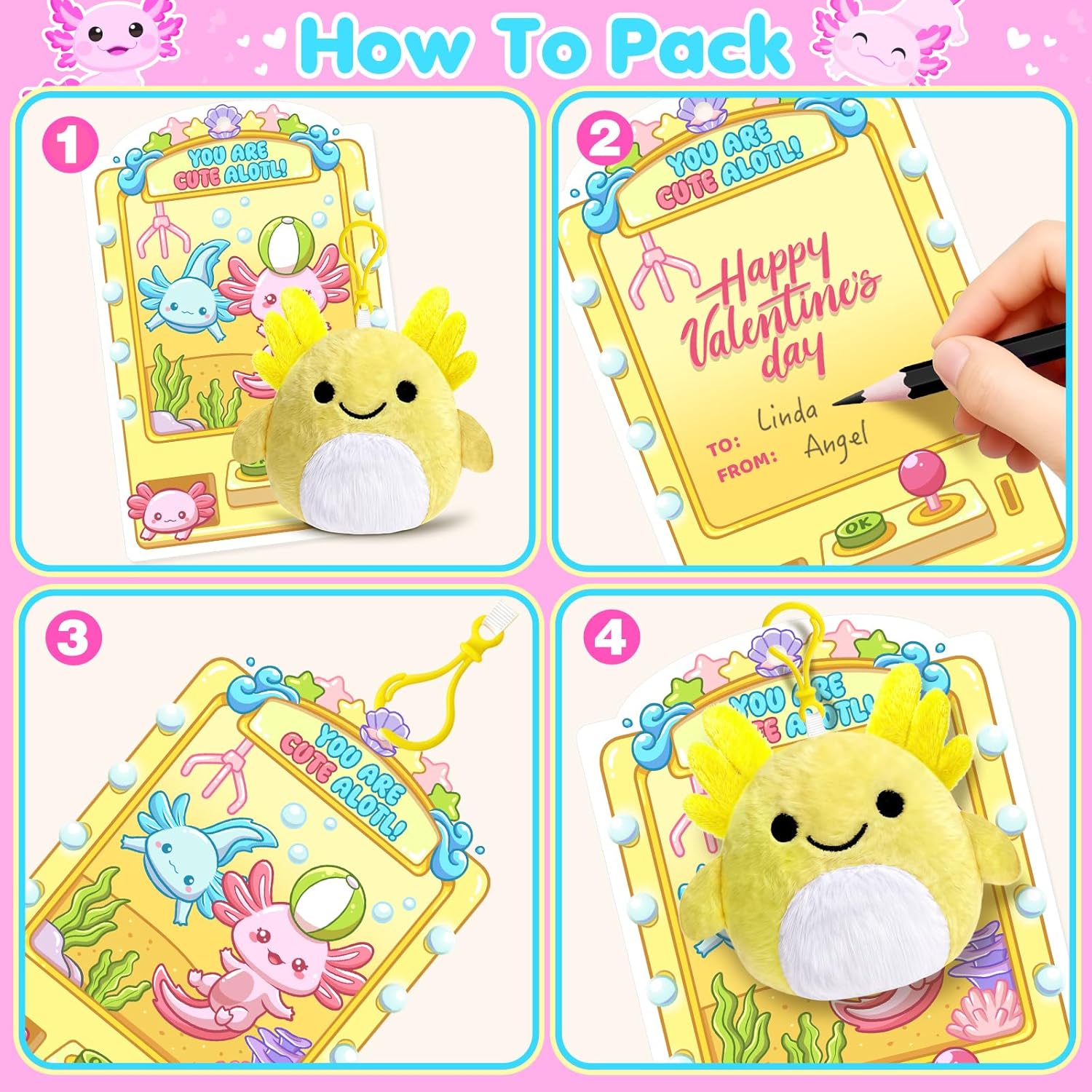 Valentines Day Gifts for Kids, 24 Pack Valentines Day Cards for Kids School Classroom with Axolotl Plush Toys Keychains, Valentines Party Favors, Exchange Gift and Bag Stuffers for Boys Girls