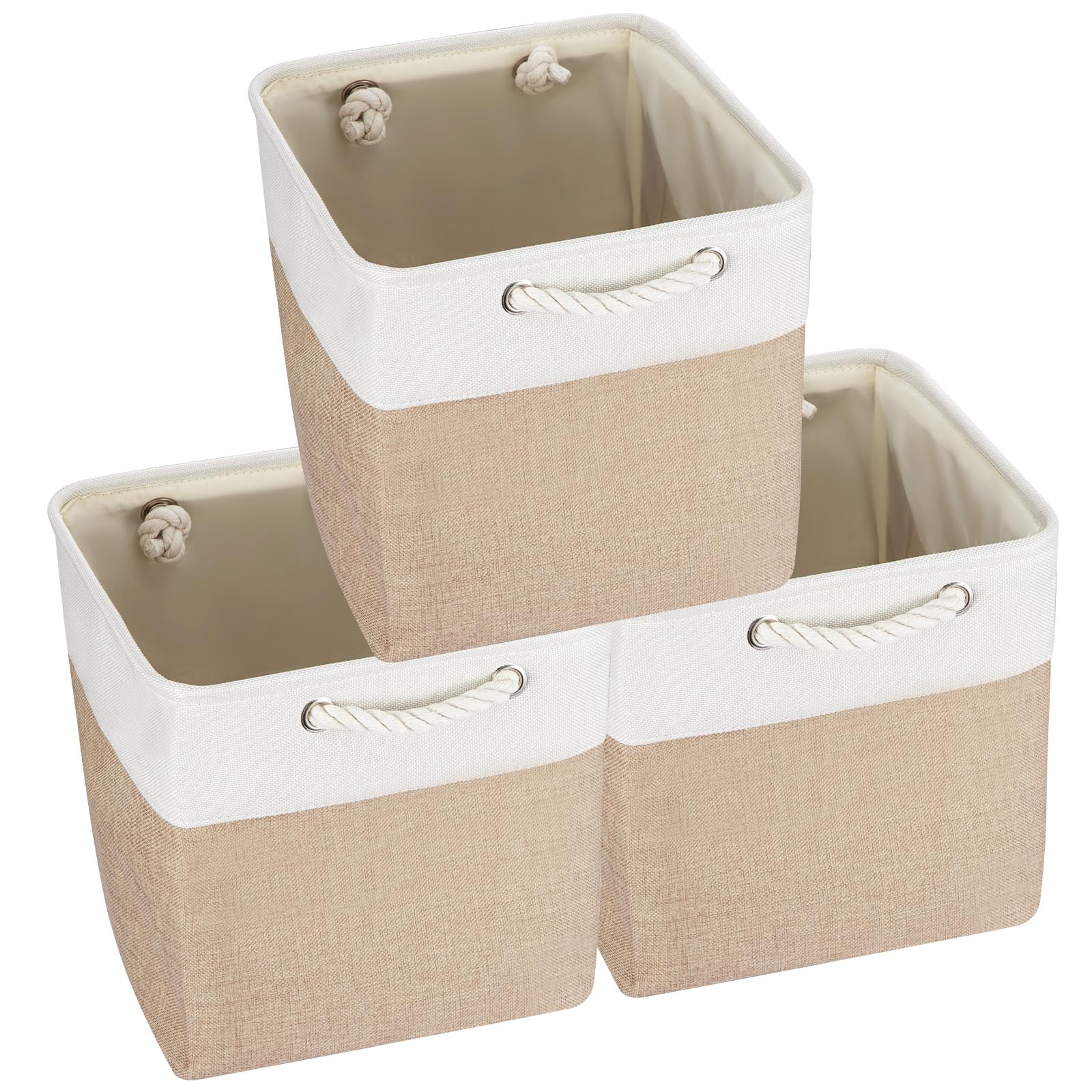 Trintion Foldable Storage Box Shelf Baskets with Handles Fabric Storage Baskets for Shelves Wardrobes and Closets Durable and Lightweight Home Organizer (Khaki 25x25x25cm, 3)